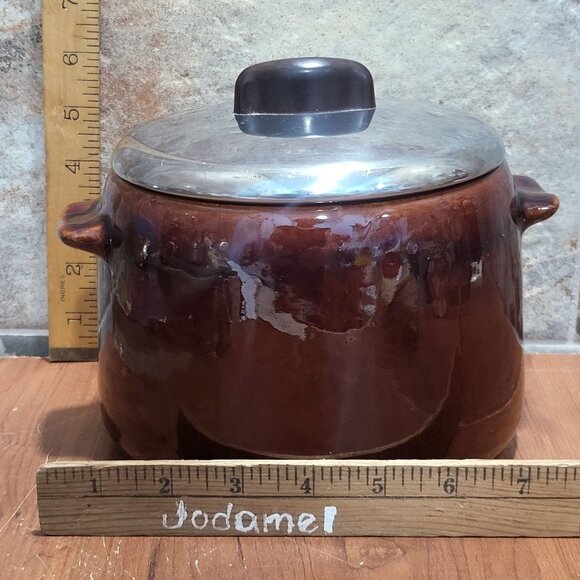 Vintage West Bend Bean Pot Crock Brown Glazed  Stoneware Metal Lid - Picture 10 of 12